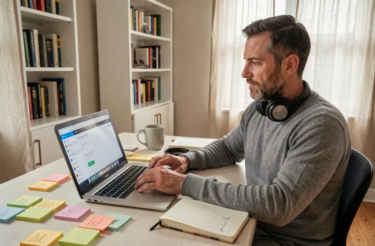 Homme en télétravail soumettant une idée via une plateforme numérique collaborative depuis son bureau à domicile, entouré de notes autocollantes et d'outils de travail à distance