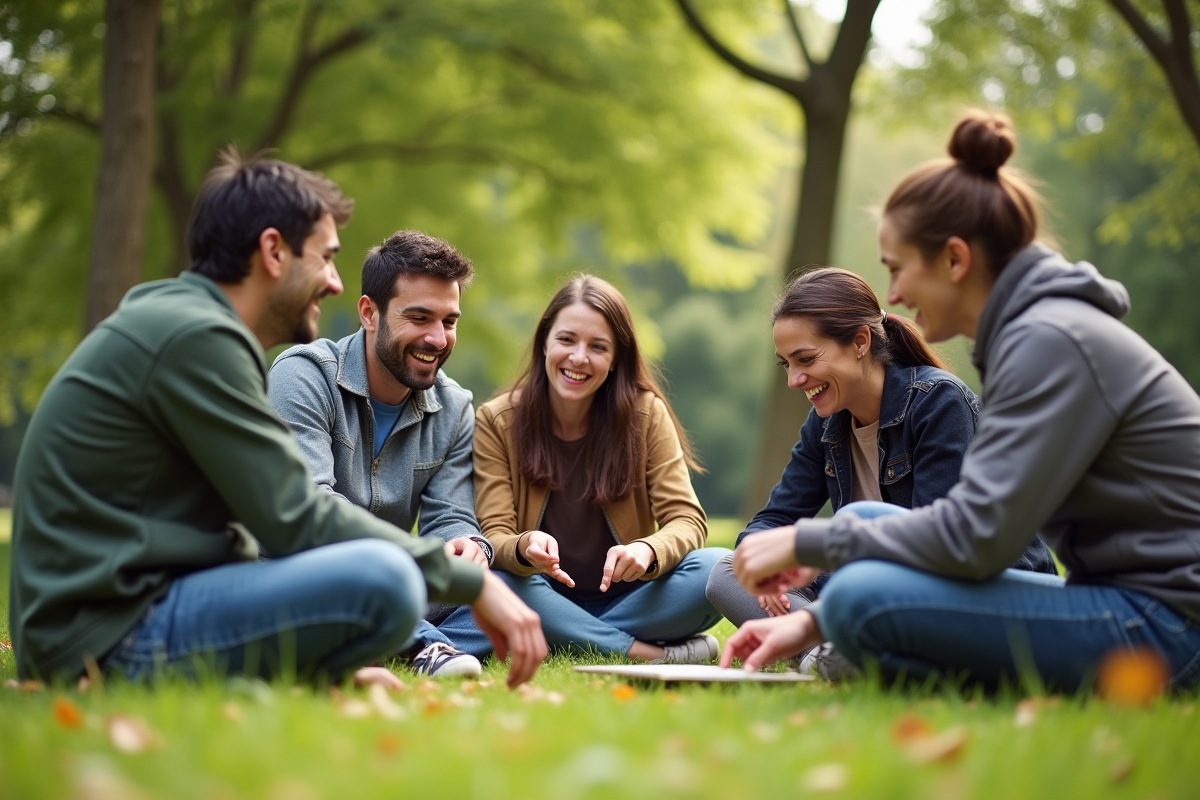 Équipe en activité de team building dans un parc ensoleille