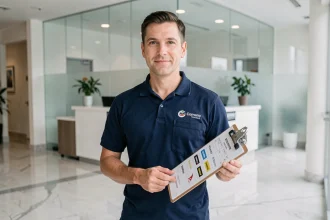 Technicien de nettoyage professionnel tenant une liste d'entreprises locales dans un hall de bureau moderne