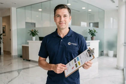 Technicien de nettoyage professionnel tenant une liste d'entreprises locales dans un hall de bureau moderne