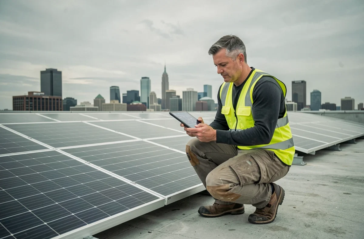 Technicien en transition énergétique inspectant des panneaux solaires sur un toit urbain avec une tablette
