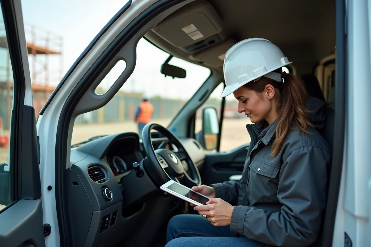 Technicien dans une camionnette utilisant une tablette