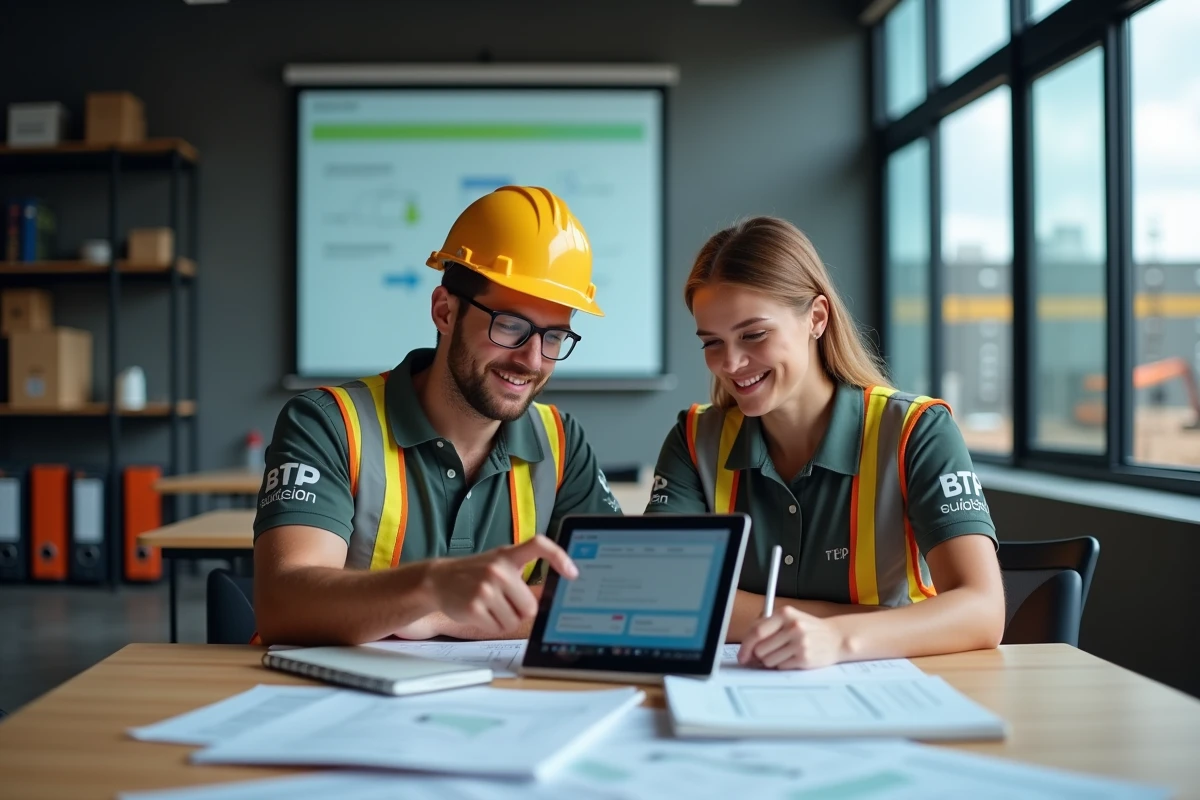 Deux techniciens BTP en session de formation pratique sur tablette avec le logiciel de devis BTP-Chantier.fr