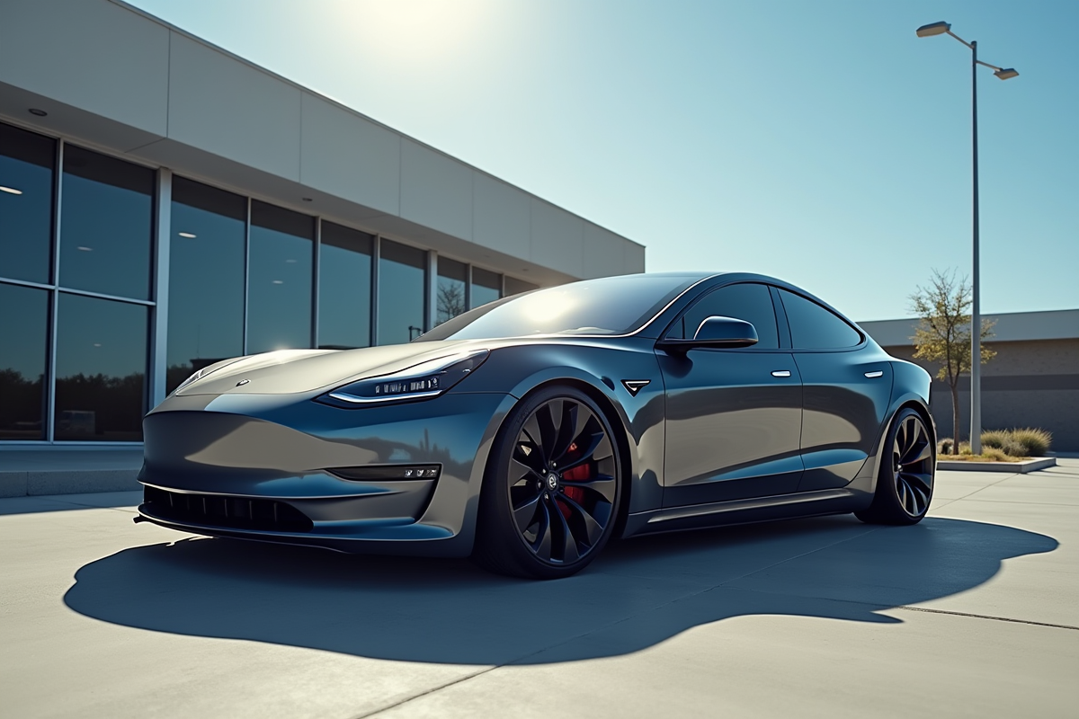 Tesla Model S élégante devant un bâtiment moderne sous un ciel bleu