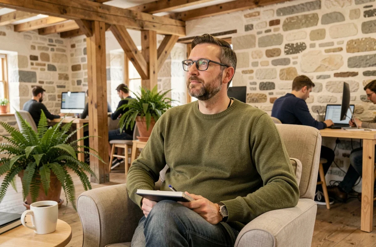 Espace Ti Cowork à Landerneau avec un freelance installé dans un fauteuil dans un intérieur en pierre bretonne