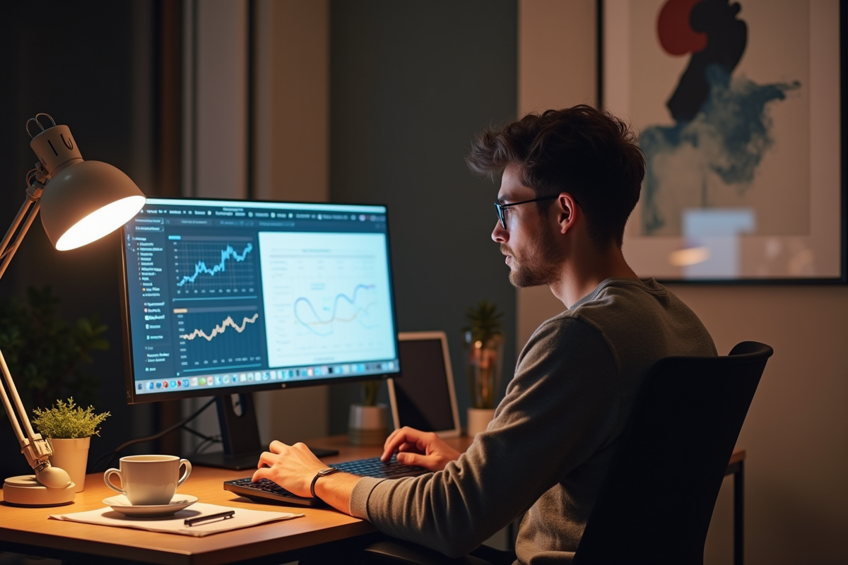 Entrepreneur travaillant sur ordinateur avec analytics marketing