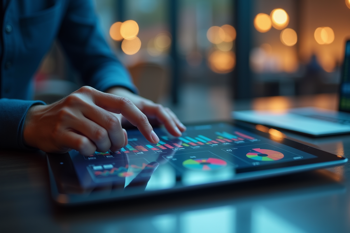 Mains manipulant une tablette avec tableau de bord marketing numérique