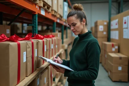 Employée d'entrepôt vérifiant une commande de boîtes cadeaux de Noël avant livraison urgente