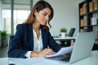 Femme d'affaires vérifiant la fiabilité d'une société en consultant des documents officiels et un ordinateur portable dans un bureau moderne