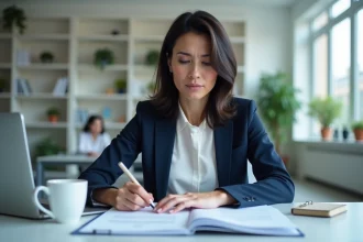 Femme d'affaires vérifiant un numéro SIRET sur ordinateur portable dans un bureau professionnel moderne