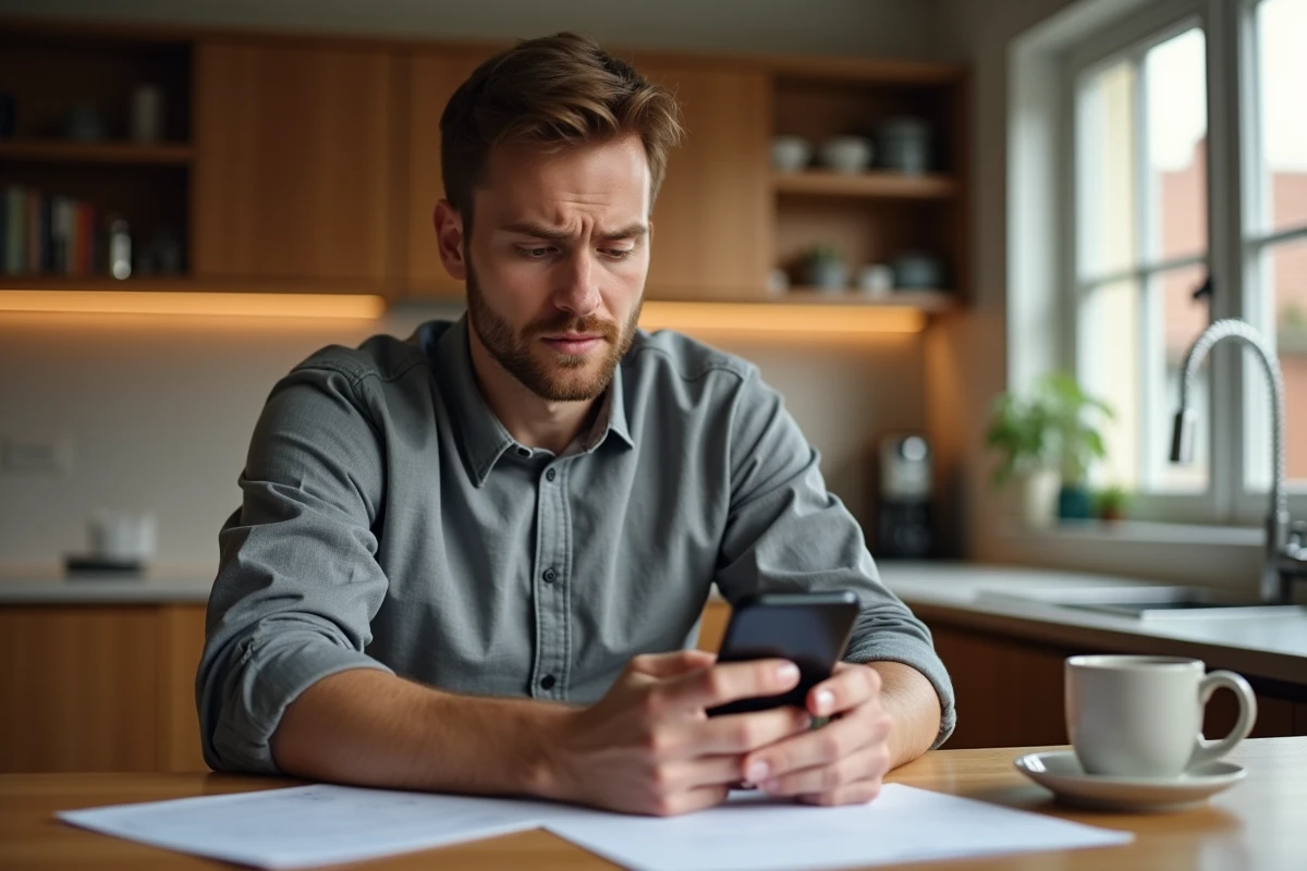 Homme vérifiant la validité d'un numéro SIRET sur smartphone avant de payer un acompte à domicile