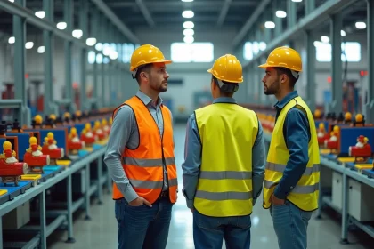 Groupe de visiteurs adultes avec casques de sécurité observant une ligne de production dans une usine Playmobil moderne