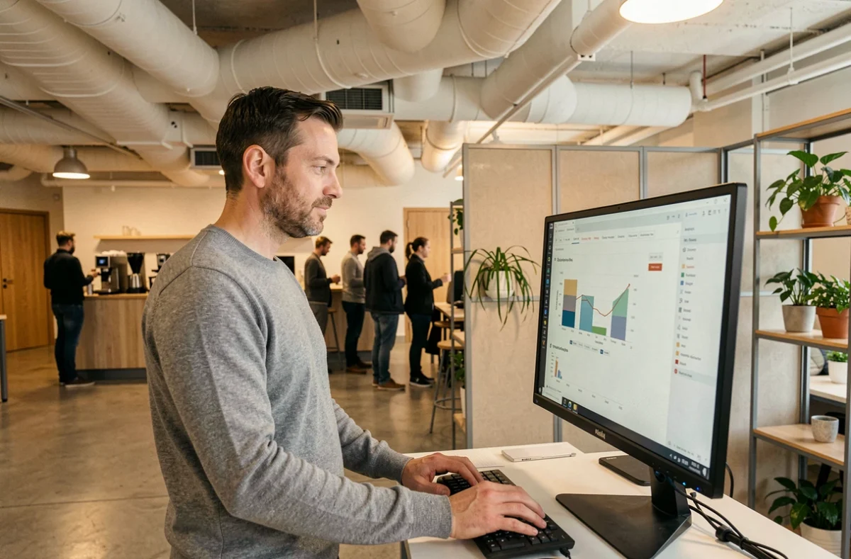 Espace de coworking W3 à Guipavas avec un travailleur indépendant debout devant un écran