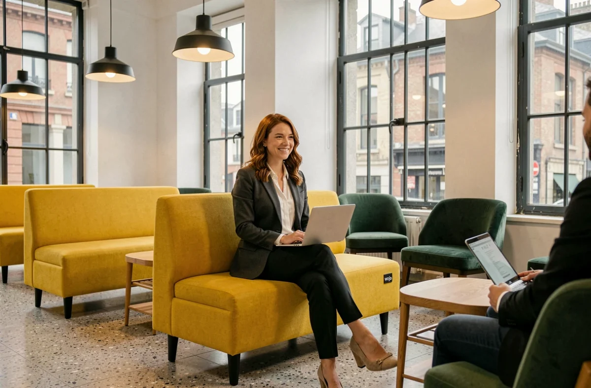 Espace Wojo Brest avec une professionnelle installée dans le salon de coworking moderne